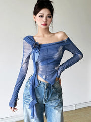 Lunivop 3D Floral Tie Dye T Shirts Women Sexy Off Shoulder Slim Y2K Tops Retro Streetwear Female Long Sleeve American Cropped Tees