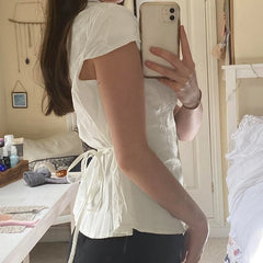 Lunivop Vintage Folds Crop Top White Button Up Short Sleeve Blouse Women Bandage Korean Fashion T-shirt Casual Streetwear y2k Tee