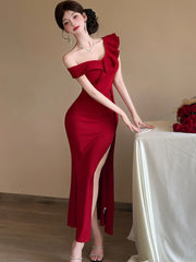 Lunivop Women Red Off Shoulder Ruffled Sexy Slong Long Dress Summer Elegant Luxury Slit Dress Korean Vintage Festival Evening Dress