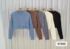 Lunivop Distressed Sweater for Women Teen-girl Cable Knit Crew Neck Crop Sweater Pullover Plain Jumper Y2K Grunge Outfit