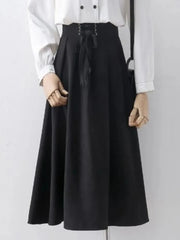 Lunivop Preppy Style Vintage Long Skirts Women High Waist Sweet Loose A Line Skirt Lace Up Retro Fall Winter Female Elegant Long Skirts