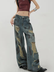 Lunivop Streetwear Hole Y2K Jeans Women Vintage American High Waist Harajuku Denim Pant Loose Hip Hop Design Lady Wide Leg Trousers