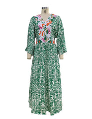 Lunivop Retro Floral Print Holiday Beach Dress Summer V-Neck Green Bohemian Long Women Puff Sleeve Belted A-Line Maxi Sundress