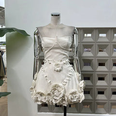 Lunivop Fashion Women Dress White Strapless 3D Flowers Above Knee Female Summer Birthday Party Dresses New Tide