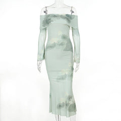 Lunivop Mesh Tie Dye Print Off The Shoulder Elegant Slim Midi Women'S Dresses Evening Party Club Autumn Daily Clothing