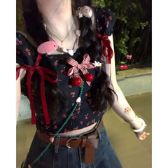 Lunivop Fashion Trend Summer Women Dopamine Woven Rope Bow Frenulum Short Sleeved T-shirt Square Neck Puff Sleeve Slim Comfortable Tops