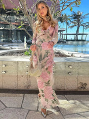 Lunivop Floral Print Long Sleeve Sexy Maxi Dress For Women Autumn New V Neck High Waist Ruffled Bodycon Elegant Long Dress