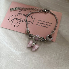 Lunivop Goth Vintage Harajuku Cute Y2k Pink Bowknot Beaded Charm Beads Bracelet For Girl Cool 2000s EMO Aesthetic Jewelry Accessories