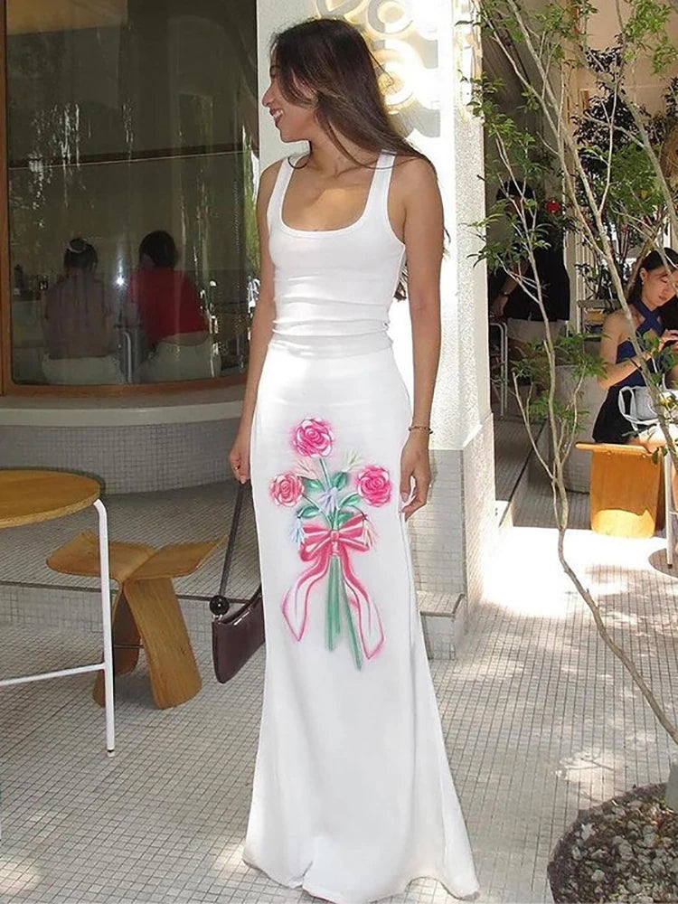 Lunivop Casual Printed Floral Women Skirt White High Waist Long Skirt Female Summer Skinny Vacation Elegant Party Beachwear