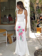 Lunivop Casual Printed Floral Women Skirt White High Waist Long Skirt Female Summer Skinny Vacation Elegant Party Beachwear