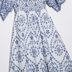 Lunivop Women Ruffles Flare Sleeve Midi Holiday Dresses BOHO Summer Blue White Floral Embroidery Hollow Out hole Slit Backless Dress