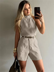 Lunivop Commuting Two-Piece Shorts Set For Women Sleeveless Solid New Halter-Neck Top And High-Waisted Shorts Two-Piece Set