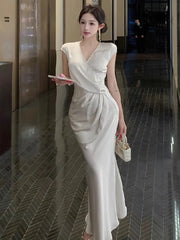 Lunivop Temperament Dresses Women V Neck Elegant Sexy Slim French Style Solid Temperament Mermaid Dress Party Female Vintage