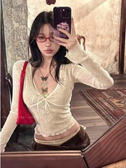 Lunivop Y2K Slim Sexy Lace Long Sleeve T-Shirt Bow Decorative Design Retro V-Neck Street Style Millennial Style Sexy Top For Women