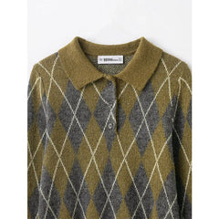 Lunivop Vintage Casual Chic Women Sweater Argyle Long Sleeve Knitted Pullover Top Fashion Autumn Winter Short Sweater
