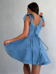 Lunivop Corset Denim A-line Mini Dress Women Summer Chic Sleeveless Lace Up Backless Strap Sexy Robes Ladies Evening Party Short Dress