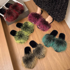 Lunivop Fashion Women Furry Slippers New Spring Fox Hair Fluffy Sandals Woman Solid Color Low Heels Flat Slippers Zapatos De Mujer