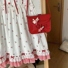 Lunivop Summer Kawaii Lolita Dress Women Sweet Cherry Print Lace Ruffles Patchwork Plaid Party Mini Dresses Female Cute Princess Dress