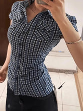 Lunivop Vintage Slim Plaid Shirt Women Casual Pockets Short Sleeve Y2K Blouse Summer American Harajuku Retro Female Streetwear Tops