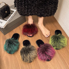 Lunivop Fashion Women Furry Slippers New Spring Fox Hair Fluffy Sandals Woman Solid Color Low Heels Flat Slippers Zapatos De Mujer
