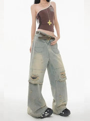 Lunivop American High Street Wasteland Style Ripped Jeans Spring and Summer Loose Washing and Old Wide-leg Japanese and Korean Baggy