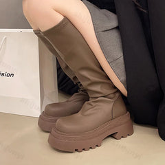 Lunivop Women's Platform Knee High Boots New 2025 Fashion Soft Leather Boots Winter Motorcycle Boots Slip-on Chunky Knight Long Booties