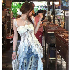 Lunivop American Vintage Lace Strap Vest Women Summer Sleeveless T-shirts 2000s Retro Clothing Harajuku Korean Tees Design Y2k Crop Top