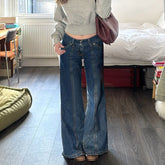 Lunivop High Waist Ladies Refor Washed Vintage Blue Jeans Floor-Length Trousers Asymmetrical Splicing Slimming Effect