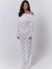 Lunivop Sexy See Through Lace Women Skirt Suit White Long Sleeve Off Shoulder Skirt Suit Female Summer Elegant Two Piece Sets
