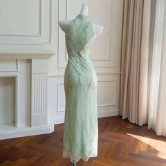 Lunivop 2025 New Chinese Style Beaded Diamond Pattern Elegant Women Dress Light Green Sheer Mesh Long Dresses Female
