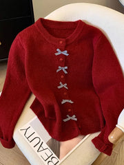 Lunivop Cute Bow Women Cardigan Long Sleeve Lazy Wind Sweet Knitted Sweater Casual Loose Preppy Style Vintage Lady O Neck Fall Tops