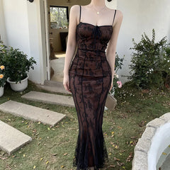 Lunivop Retro Floral White Lace Mermaid Long Dresses for Women Summer Fashion Sexy Backless Spaghetti Strap Split Party Prom Dress