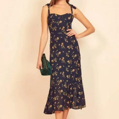 Lunivop Sexy Light Yellow Floral Print Tie Bow Halter Sling Dress Summer Woman Backless Slim Waist Midi Long Dresses Robe Holiday