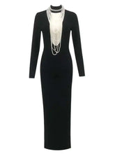 Lunivop Spring New Fashion Long Sleeve Women Dresses Pearl Necklace Hollow Out Right Angled Shoulder Long Dress Female