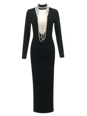 Lunivop Spring New Fashion Long Sleeve Women Dresses Pearl Necklace Hollow Out Right Angled Shoulder Long Dress Female