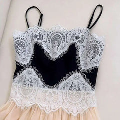 Lunivop French Style Lace Contrast Suspender Dress Spliced Sleeveless One Shoulder Evening Dresses Female 2025 Spring New