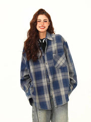 Lunivop Streetwear American Plaid Shirt Women Oversize Loose Vintage Long Sleeve Blouse Hip Hop Casual Retro Harajuku Bf Pockets Tops