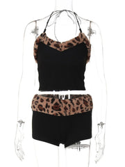 Lunivop Sexy Leopard Lace-Up 2 Piece-Set Female Patchwork Summer V-Neck Bandage Top And High Waist Contrast Shorts Outfits