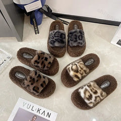 Lunivop New Casual Fluffy Slippers Women Home Fashion Leopard Plush Designer Winter Shoes Girls Flat Open Toe Platform Slipperss
