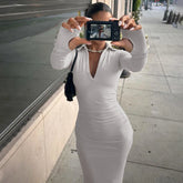 Lunivop Knit Turn Down Collar Llong Sleeve Bodycon Ruched Shirring Long Casual Dress Fall Y2K Streetwear Manufacturer Clothe