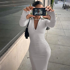 Lunivop Knit Turn Down Collar Llong Sleeve Bodycon Ruched Shirring Long Casual Dress Fall Y2K Streetwear Manufacturer Clothe