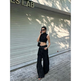 Lunivop Women's Splicing Design Black Grey Unisex Jeans Cool Girl Wide-leg Wash Denim Trousers Vintage Bottoms Female High Waisted Pants