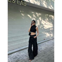 Lunivop Women's Splicing Design Black Grey Unisex Jeans Cool Girl Wide-leg Wash Denim Trousers Vintage Bottoms Female High Waisted Pants