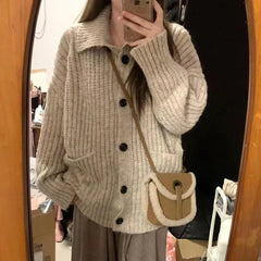 Lunivop Slouchy Knit Cardigan for Women Rib-knit Pockets Front High Neck Button Up Sweater Jacket Coat Female Autumn Winter Basic Outfit