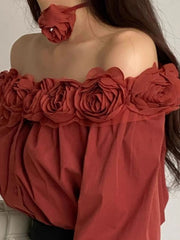 Lunivop 3D Floral Off Shoulder Red Blouse Women Elegant Long Sleeve Sexy Shirt Vintage Casual French Fall Female Single Breasted Tops