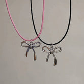 Lunivop Goth Y2K Bowknot Pendant Pink Black Leather Rope Necklace For Girl Aesthetic EMO 2000s Antique Silver Color Jewelry Accessories