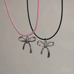 Lunivop Goth Y2K Bowknot Pendant Pink Black Leather Rope Necklace For Girl Aesthetic EMO 2000s Antique Silver Color Jewelry Accessories