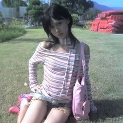 Lunivop Japanese Style Y2k Sexy T-shirt Off Shoulder Vintage Rainbow Striped Tops Harajuku 2000s Long Sleeve T-Shirt Aesthetics