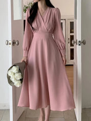 Lunivop Korean Solid Midi Dresses for Women Fashion V-neck Long Sleeve A-line Solid Casual Dress Office Lady Clothing Autumn New