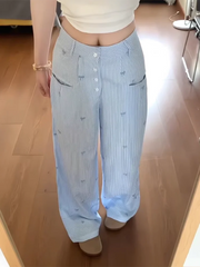 Lunivop Blue Striped Wide Leg Pant Women Loose High Waist Bow Embroidery Sweet Trousers Korean Female Casual Fashion Pockets Pants